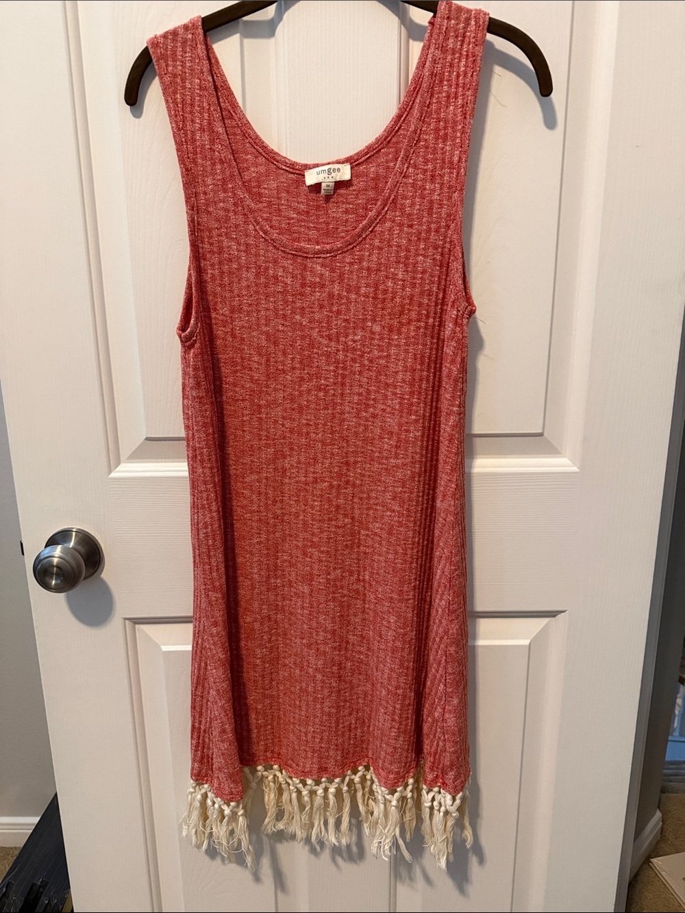 Umgee Coral Knit Tank Dress with Fringe Hem